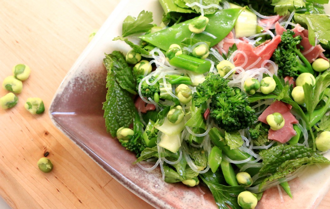 Smoked beef, wasabi pea and healthy greens salad