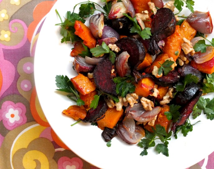 Healthy roasted winter vegetable salad with beetroot and pumpkin 