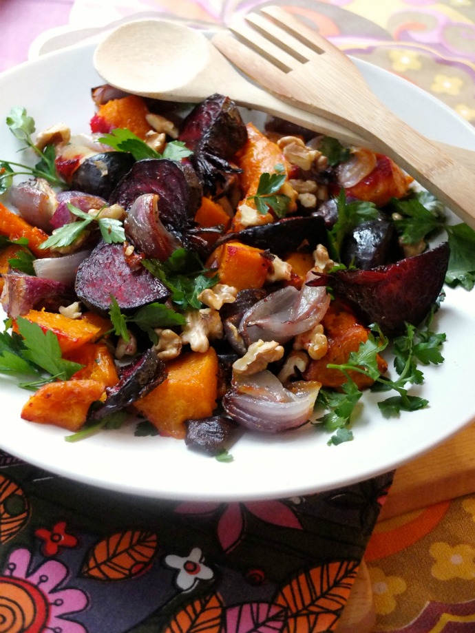 Healthy roasted winter vegetable salad with beetroot and pumpkin 