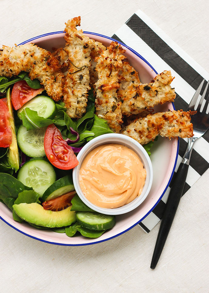 Recipe Coconut Chicken Strips with Spicy Mayo Dipping Sauce - mypoppet.com.au