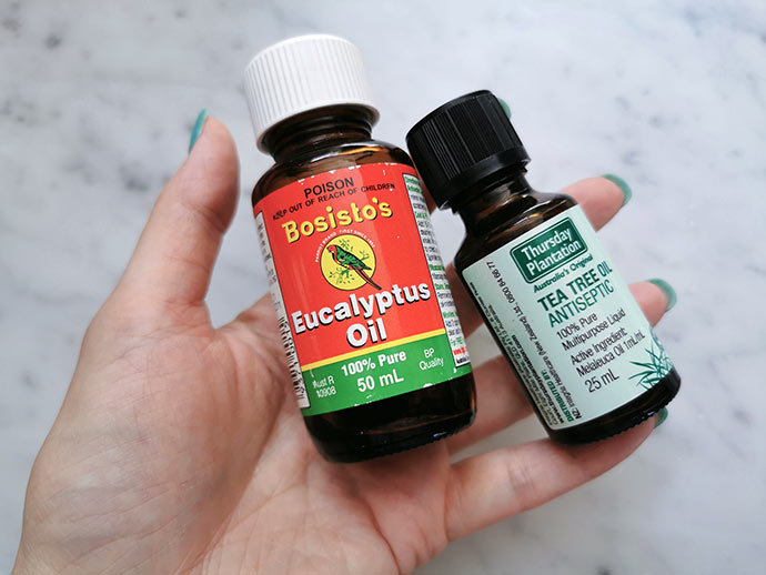 eucalyptus oil and tea tree oil bottle