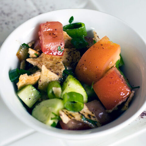 fattoush salad in white bowl