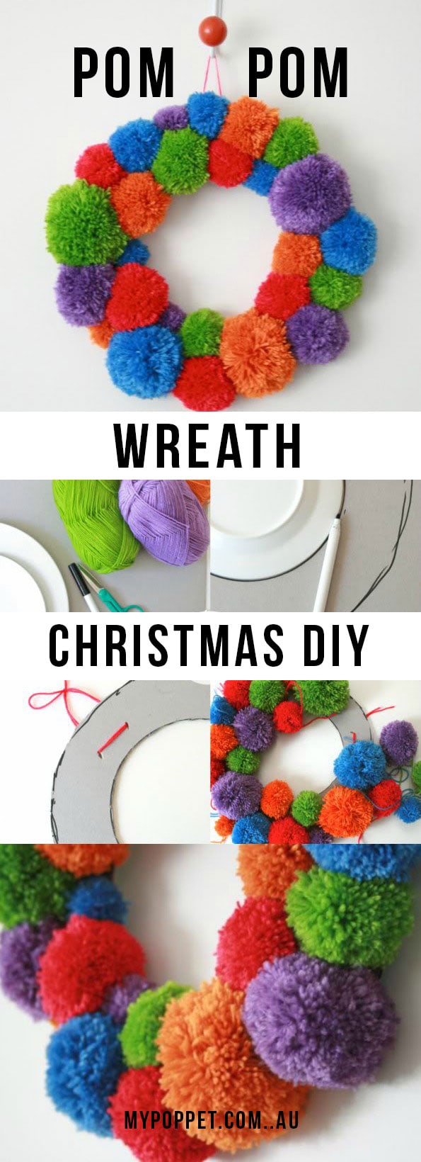 How to make a Pom Pom Wreath for the Holidays - Christmas Craft mypoppet.com.au