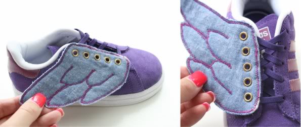kids sneakers with blue fabric wings How to sew fabric wings for shoes