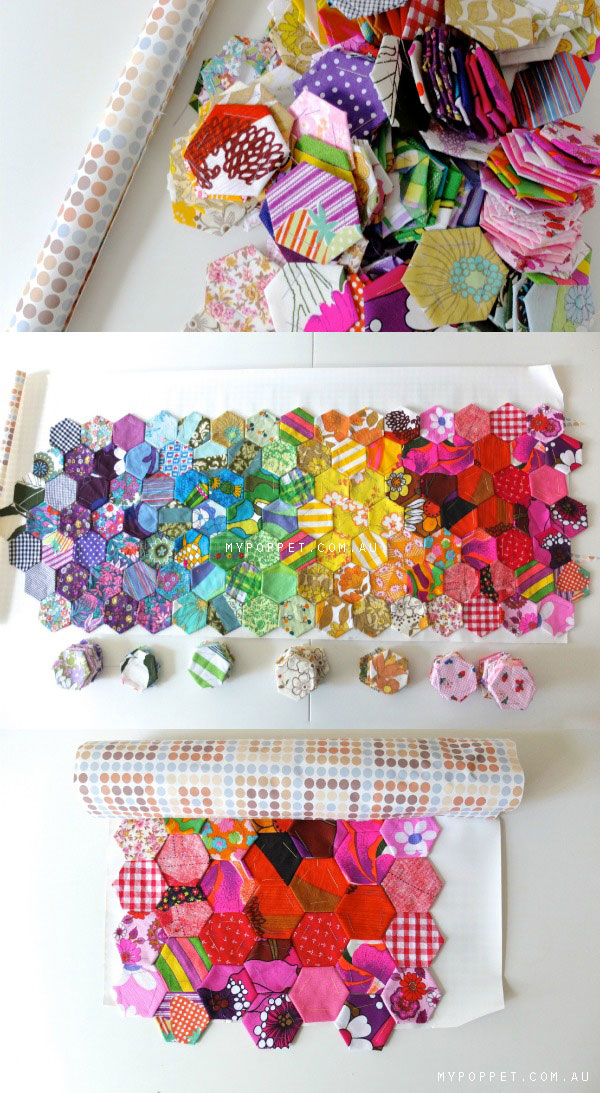 arrange patchwork pieces on contact paper to keep organized