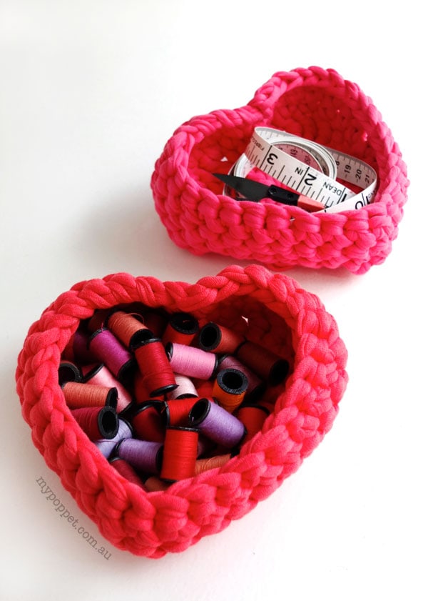 2 crochet heart baskets made from tshirt yarn 