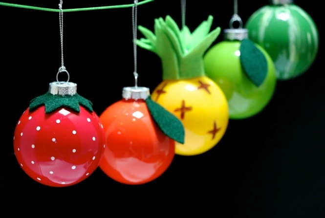 Turn plain glass baubles into colourful retro fruit christmas ornaments mypoppet.com.au