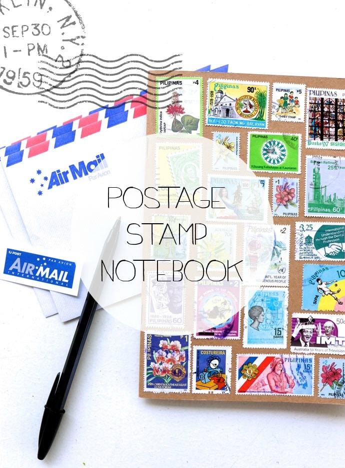 Upcycle old stamps to decorate a notebook