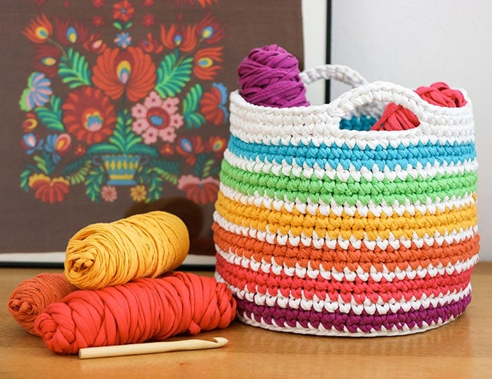 T-shirt yarn for crocheting baskets, bags, rugs and home decor