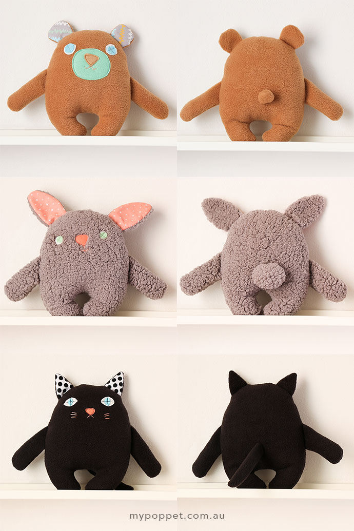 free softie paattern - bear, cat & bunny - mypoppet.com.au