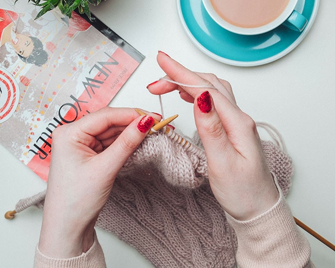 Knitting with a cup of tea