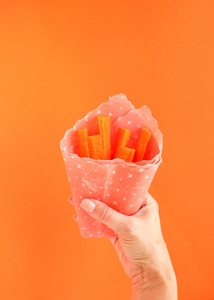 carrot sticks in beeswax wrap pouch