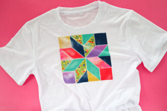 Infusible ink patchwork t-shirt - white t-shirt on pink background