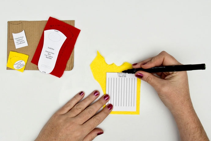 cutting felt pattern pieces for french fries brooch