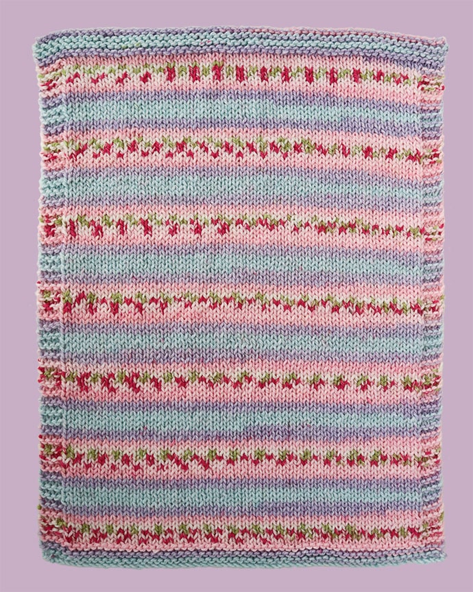 Striped yarn lilac blue and pink baby blanket knitting pattern