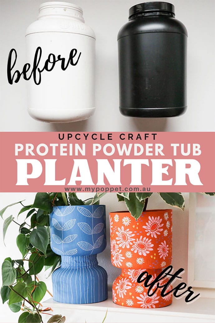 Planter made from recycled protein powder tub - before and after