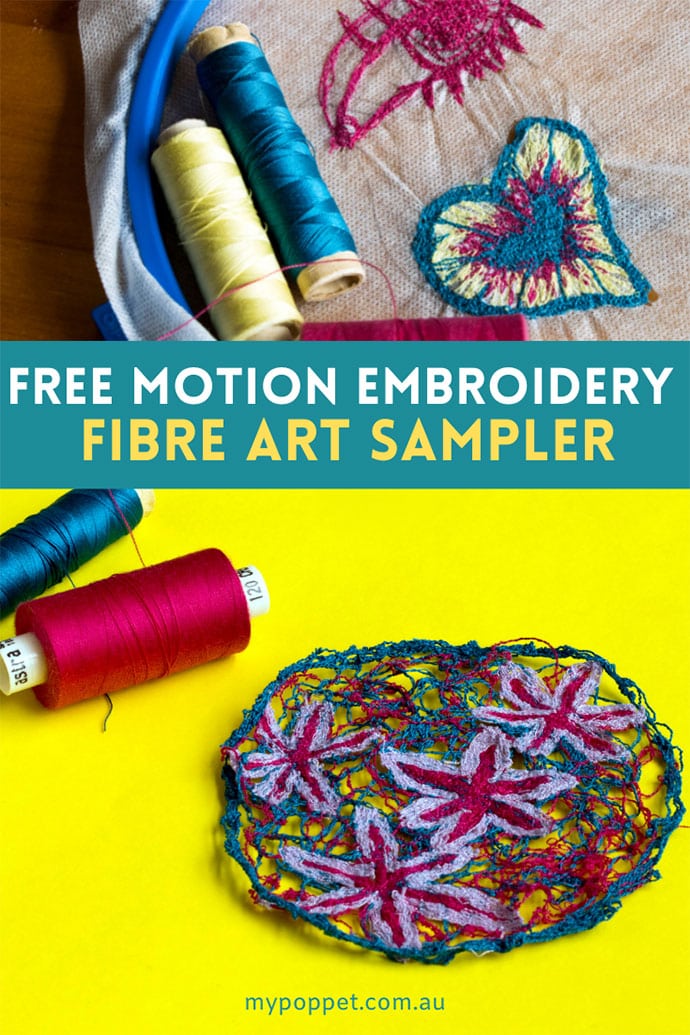 sample of free motion embroidery and thread spools