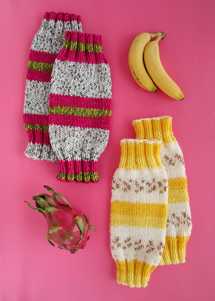 fruit pattern legwarmer with bananas and dragonfruit - leg warmer knitting pattern