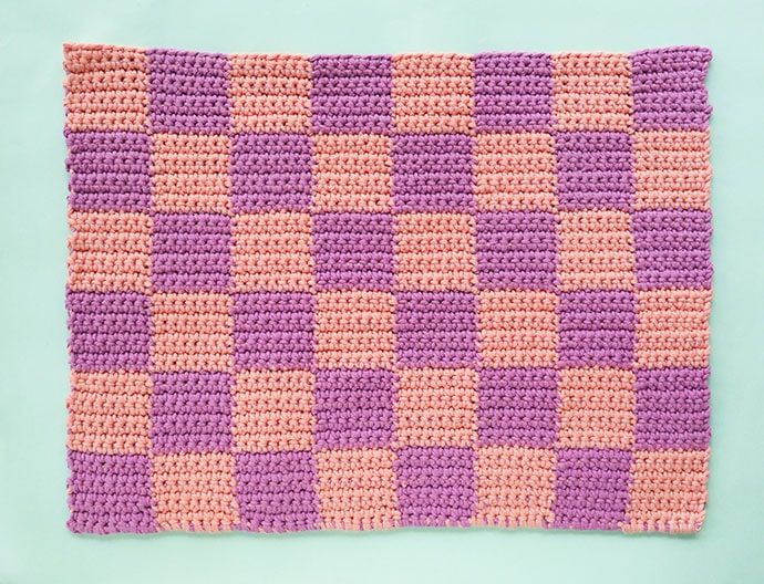 peach and lilac check crochet bath mat