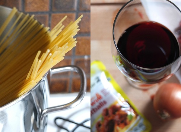 spaghetti and wine