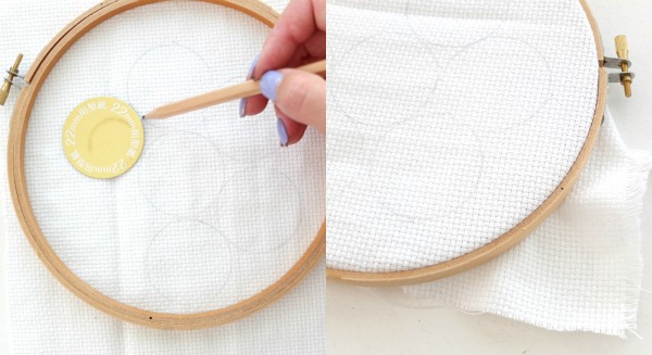 Mark button templates into fabric , place fabric in embroidery hoop 